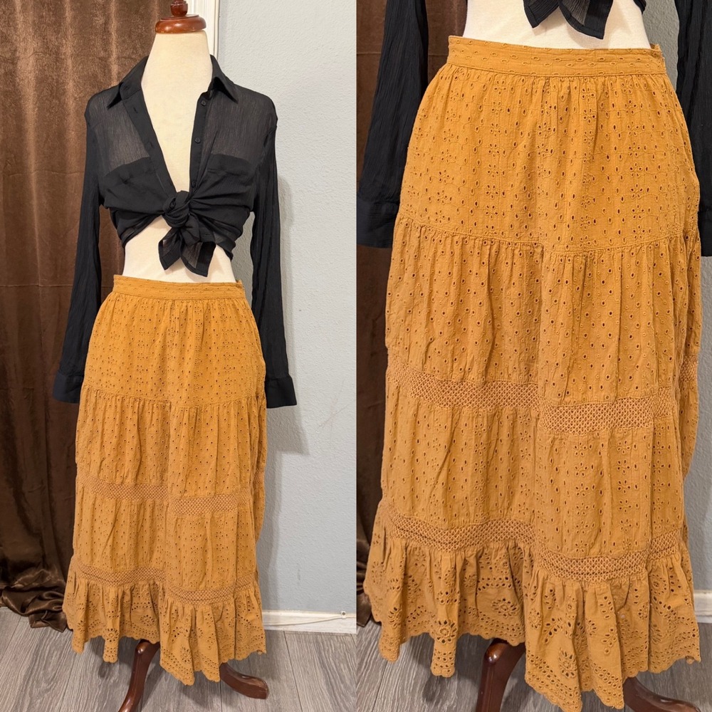 100% Cotton Embroidered Midi Skirt Size M Mustard Yellow Eyelet Lace Tiered Boho